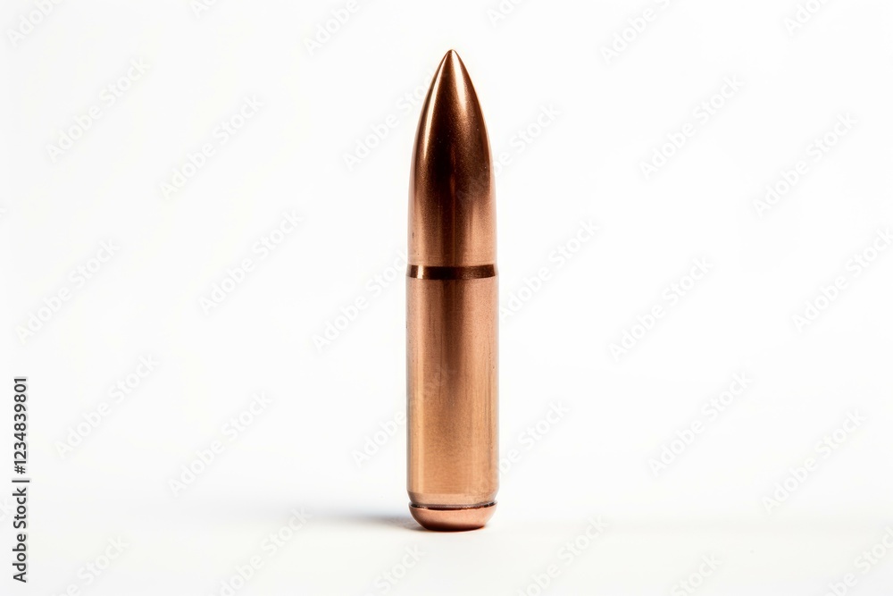 Copper bullet standing on a white background, representing concepts of danger, violence, and military themes Copper bullet standing on a white background, representing concepts of danger, violence, and military themes
