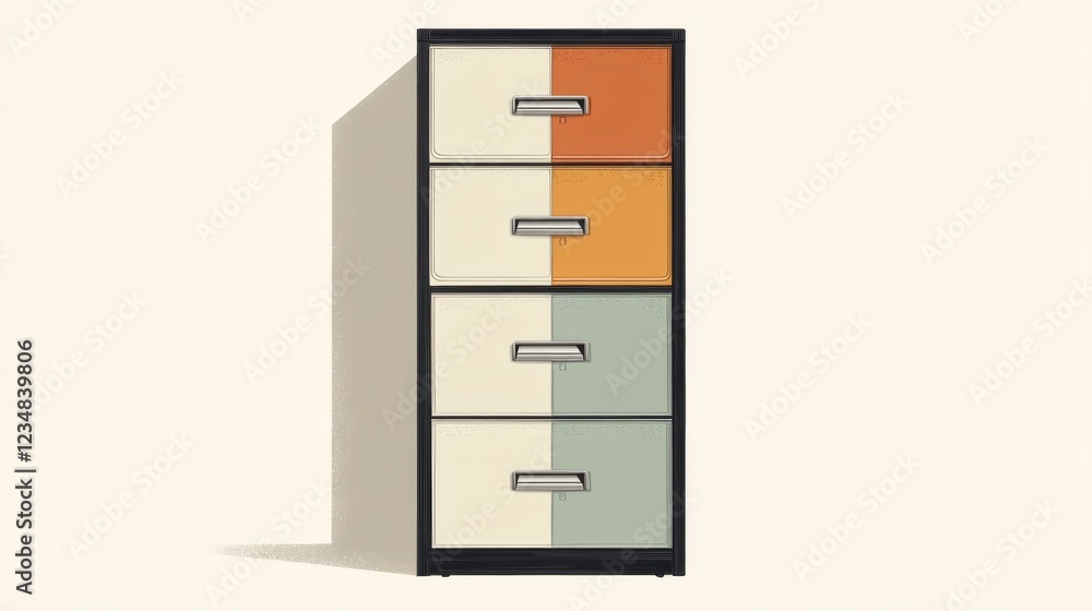 Four-drawer metal filing cabinet with two-tone drawers, cream and orange/sage green. Four-drawer metal filing cabinet with two-tone drawers, cream and orange/sage green.
