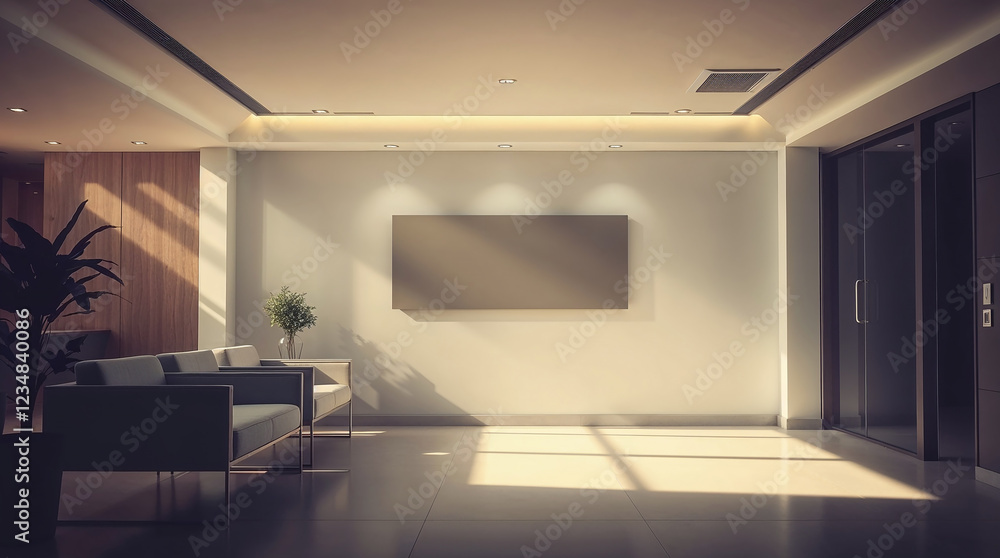 Modern office lobby interior design with empty frame and sunlight illuminating waiting area Modern office lobby interior design with empty frame and sunlight illuminating waiting area