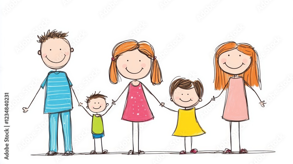 Happy family of five holding hands, cartoon sketch style. Happy family of five holding hands, cartoon sketch style.