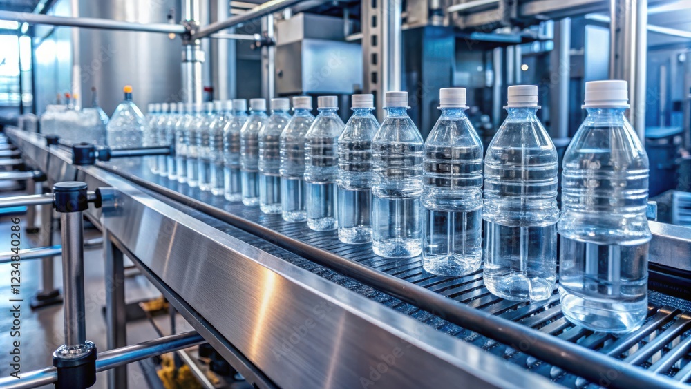 Water bottles moving along a conveyor belt in a modern factory, showcasing automated production and quality control. Water bottles moving along a conveyor belt in a modern factory, showcasing automated production and quality control.