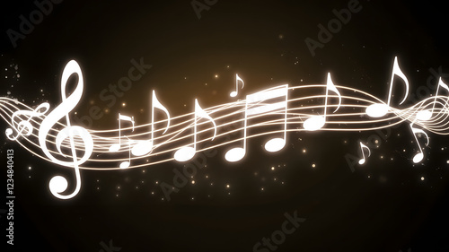Musical Symphony: A captivating abstract representation of music with glowing white musical notes flowing on a dark background. The image creates a sense of rhythm, harmony.