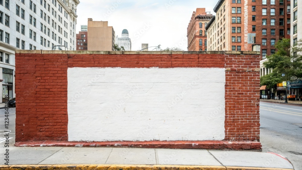 Obraz premium Red brick wall with white cement surface in a urban environment, building, cityscape, modern style