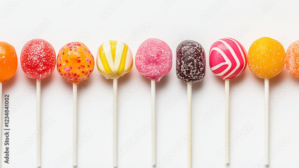 Colorful handmade lollipops arranged in row, showcasing vibrant designs and textures Colorful handmade lollipops arranged in row, showcasing vibrant designs and textures