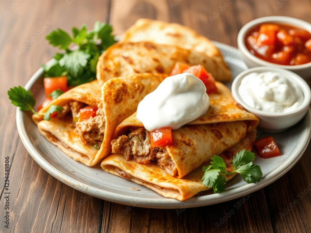Pork-filled quesadilla on a plate with salsa and sour cream, spicy, table setting, quesadilla Pork-filled quesadilla on a plate with salsa and sour cream, spicy, table setting, quesadilla