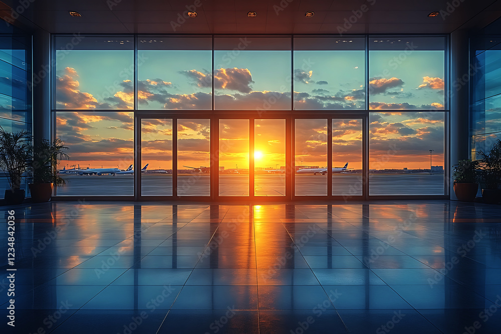Fototapeta premium Stunning Airport Lounge Sunset View Through Large Windows