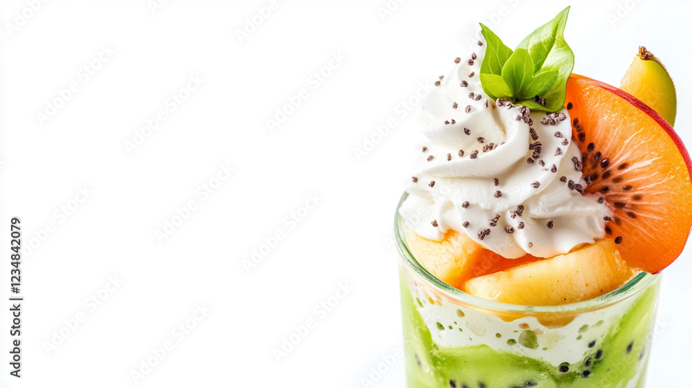 Delightful parfait in glass jar with layers of fruit, cream, and toppings Delightful parfait in glass jar with layers of fruit, cream, and toppings
