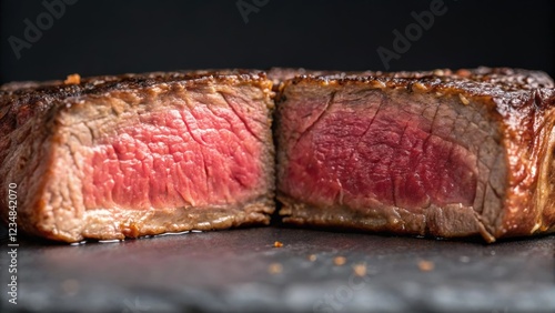 Two succulent halves of a perfectly cooked medium rare steak rest on a black slate surface. Showcasing the rich. Red interior and the flavorful char on the exterior. A testament to culinary expertise photo