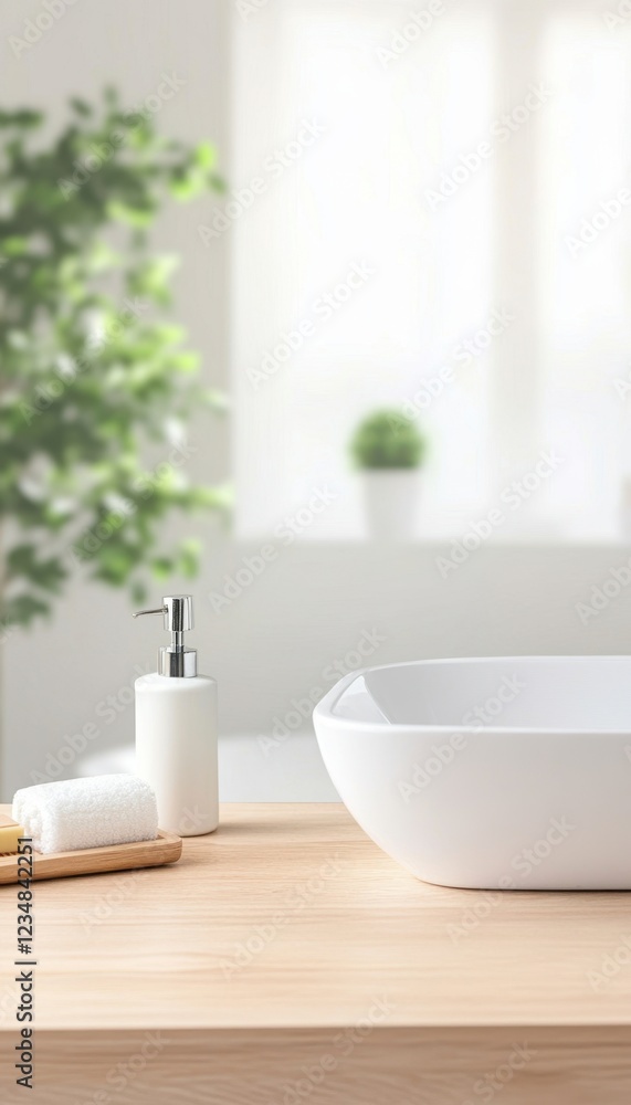 Fototapeta premium Spa-like bathroom setting with a clean, minimalist aesthetic.