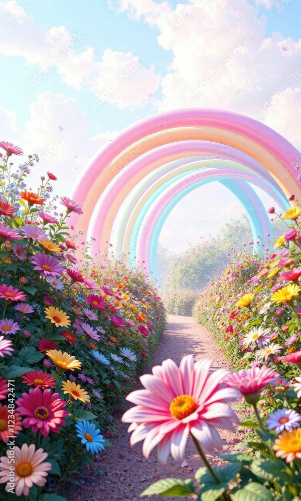 Obraz premium Pastel rainbow hues in a garden with colorful flowers, green, flower