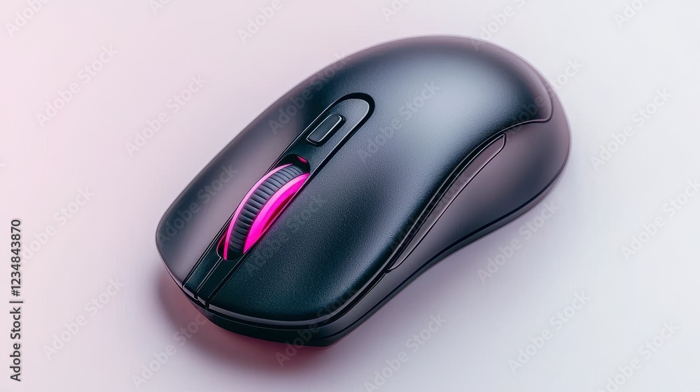 Black Wireless Computer Mouse With Pink Accents On Gray Background Black Wireless Computer Mouse With Pink Accents On Gray Background