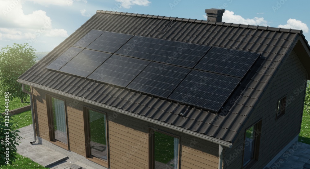 Modern house with solar panels on the roof, surrounded by greenery