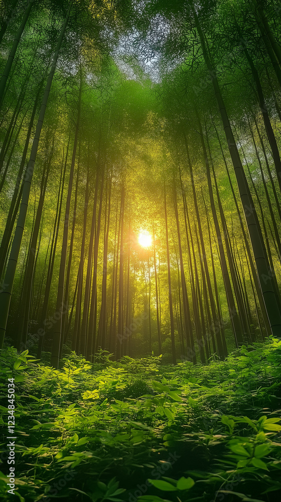 Naklejka premium A dense bamboo forest with sunlight filtering through the leaves, tranquil and vibrant, vertical