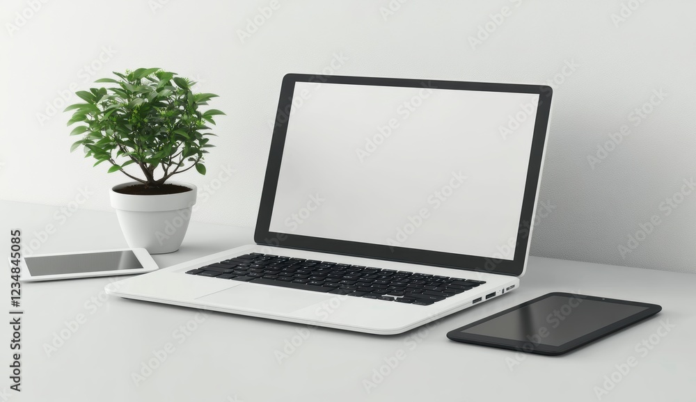 3D rendering of a laptop mockup with a blank screen, white background.