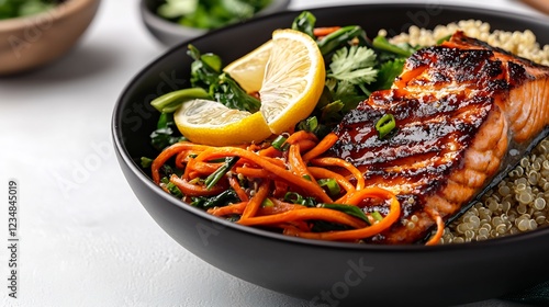 Grilled Salmon with Quinoa and Vegetables in a Black Bowl photo