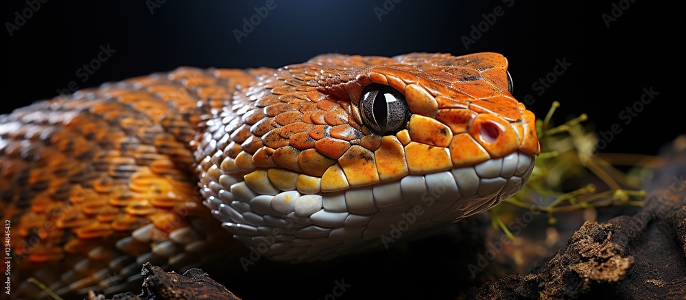 Obraz premium Close-up portrait of a red headed viper on a black background.
