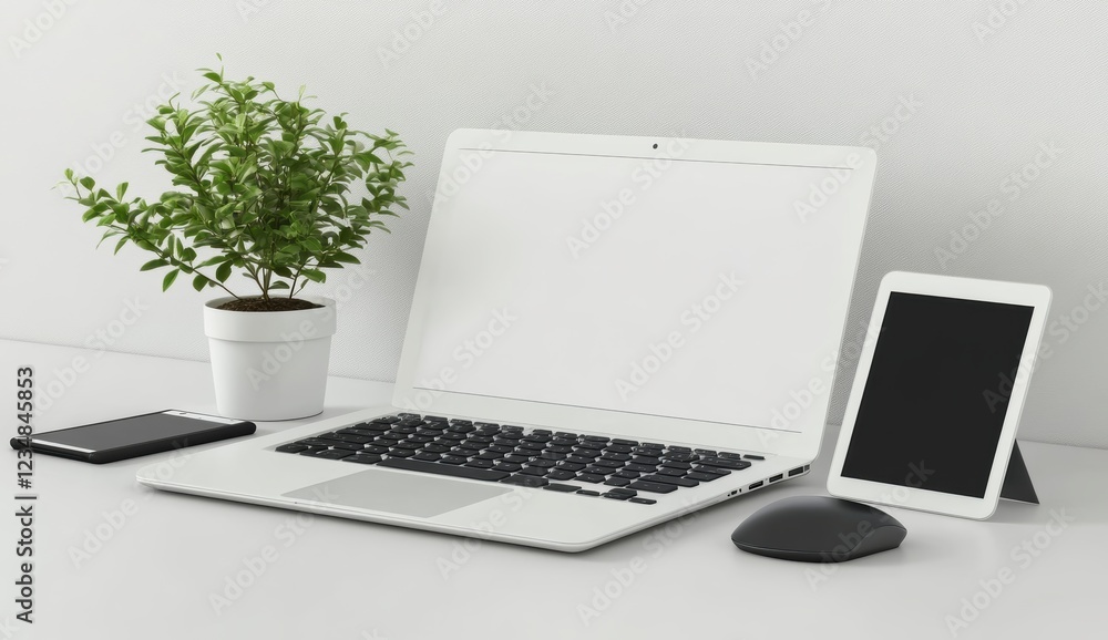 3D rendering of a laptop mockup with a blank screen, white background. 3D rendering of a laptop mockup with a blank screen, white background.