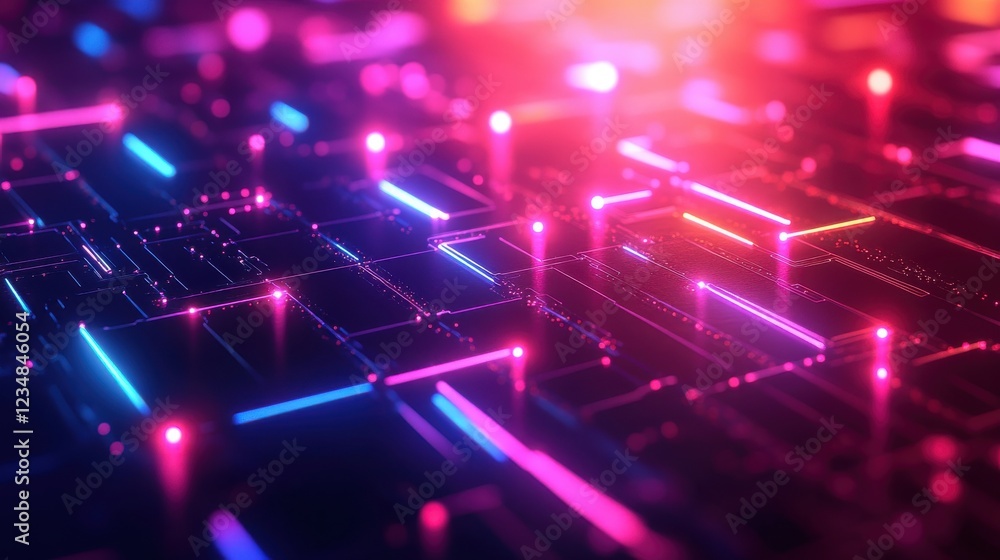 Fototapeta premium Futuristic computer keyboard with glowing lights and ai geometric patterns in neon colors