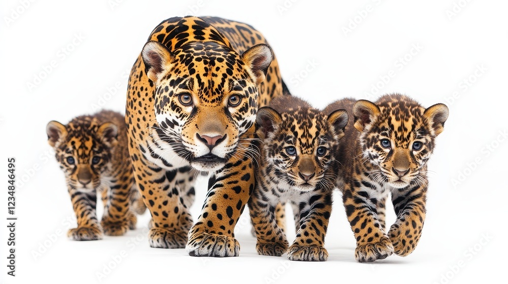 Obraz premium Stunning Jaguars Walking Together with Playful Cubs in Nature