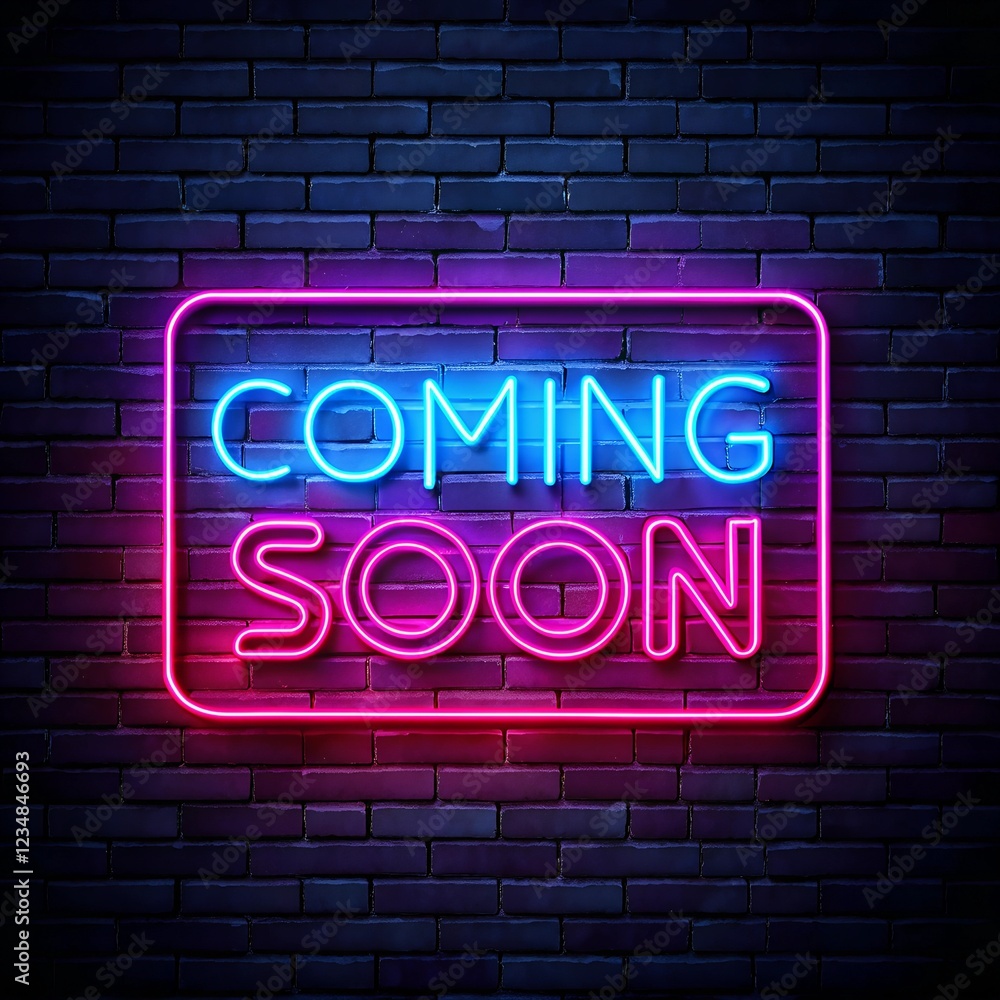 Vibrant neon coming soon sign glowing on a dark Vibrant neon coming soon sign glowing on a dark