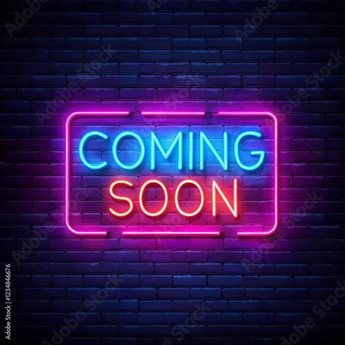 Vibrant neon coming soon sign glowing on a dark