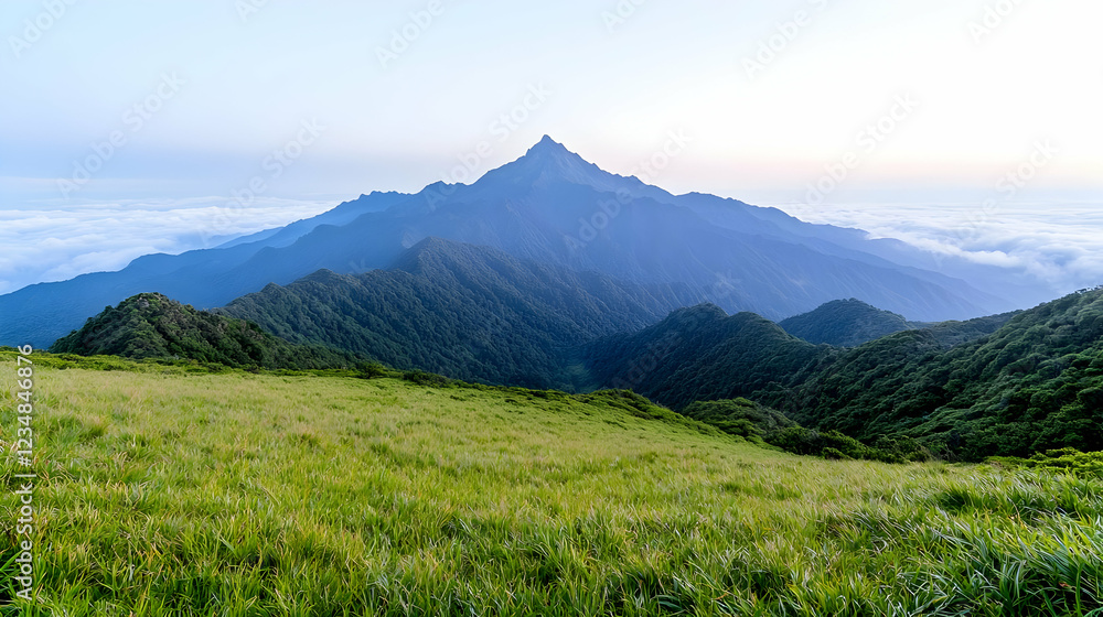 Mountain peak sunrise, grassy meadow, cloudscape, scenic view, travel poster Mountain peak sunrise, grassy meadow, cloudscape, scenic view, travel poster