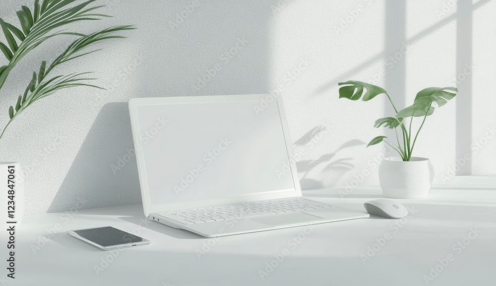 3D rendering of a laptop mockup with a blank screen, white background. 3D rendering of a laptop mockup with a blank screen, white background.