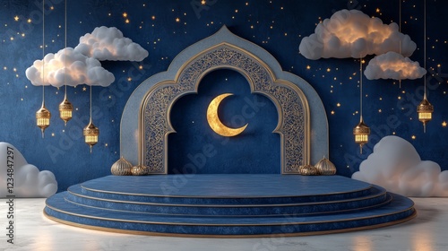 A Serene 3D Rendering Of A Ramadan Scene, Featuring A Circular Platform, Ornate Archway, Crescent Moon, And Glowing Clouds. Perfect For Festive Displays Or Celebrations. photo