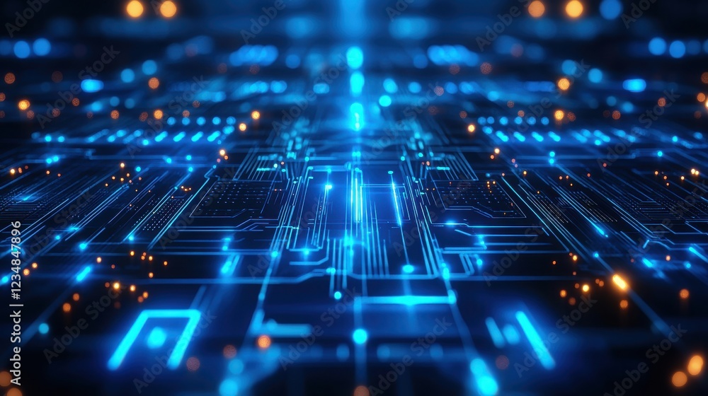 Fototapeta premium Computer circuit board with glowing blue lights and intricate cybernetic design elements
