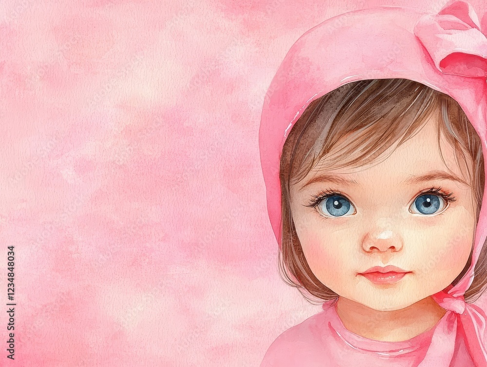 Whimsical painting of a little girl in pink hat, portrait of childhood innocence and joy Whimsical painting of a little girl in pink hat, portrait of childhood innocence and joy