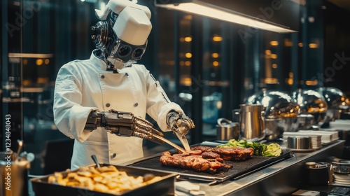 Robot chef carving grilled meat at hotel buffet. photo