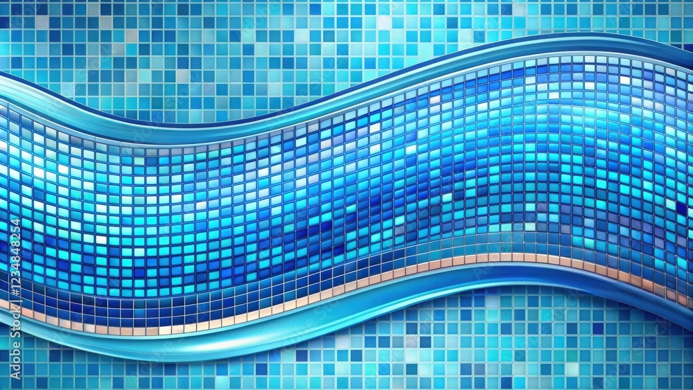 Naklejka premium A smooth blue wave curves over a tiled background with a metallic border, creating a sense of depth and motion.
