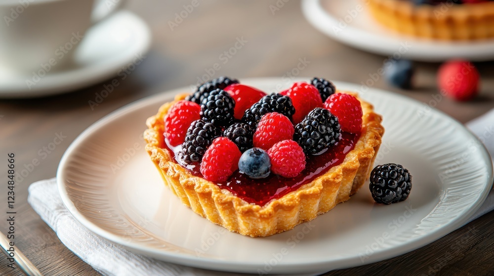 Heart-shaped tart topped with berries on a plate, with a cup in the background. Heart-shaped tart topped with berries on a plate, with a cup in the background.