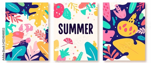 Wallpaper Mural Three summer posters with bold "SUMMER" text, colorful abstract shapes in pink, yellow, green, blue, and purple Torontodigital.ca