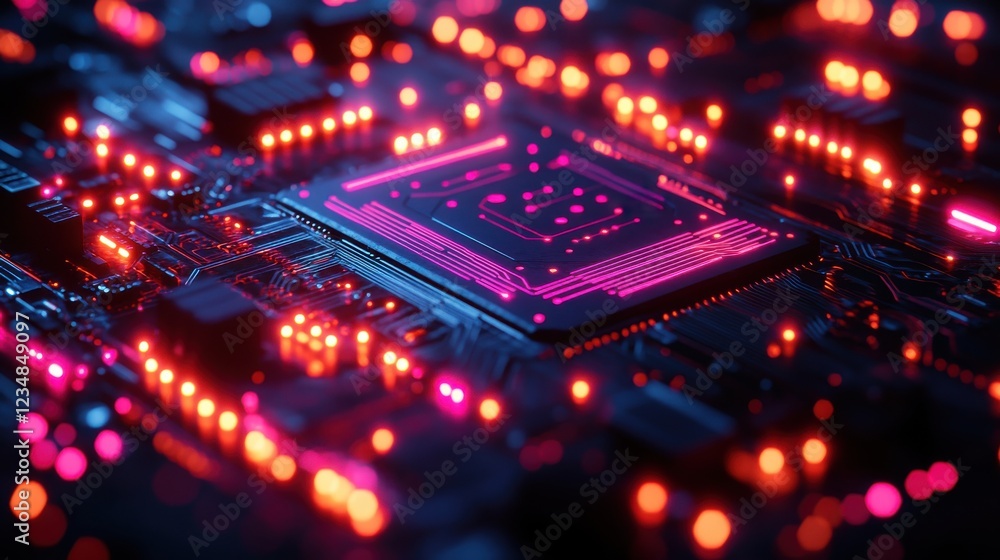Close up of computer circuit board with red lights and glowing neon details Close up of computer circuit board with red lights and glowing neon details