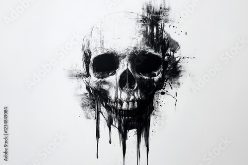 A detailed, hyper-realistic tattoo design of a skull with black liquid dripping from it, set against a white background