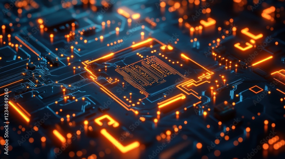 Close up view of a high-tech circuit board with glowing orange lights and intricate details Close up view of a high-tech circuit board with glowing orange lights and intricate details