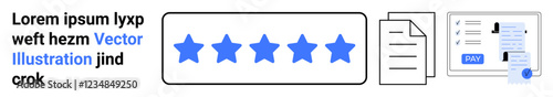 Five blue stars showcasing rating system, alongside documents and profile page. Ideal for customer feedback, reviews, quality assurance, online services, evaluation, profiles, reputation abstract