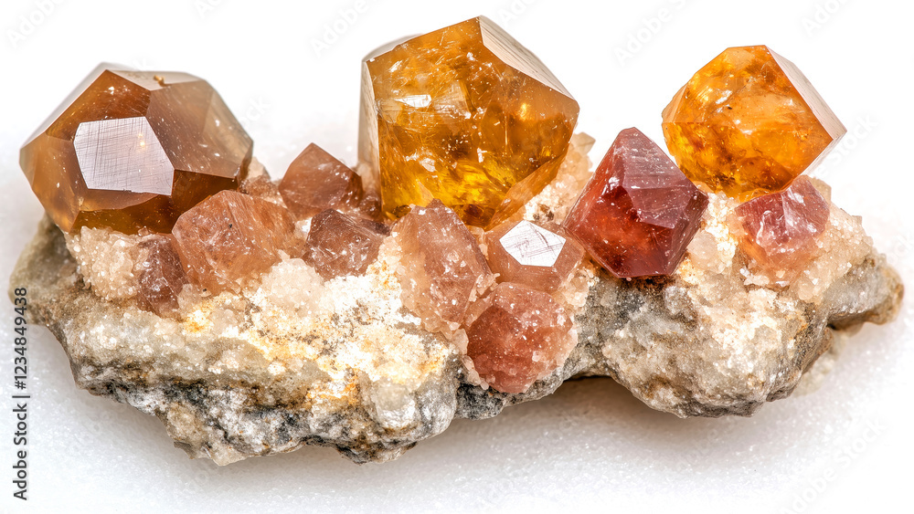 Beautiful crystals of hessonite and grossular garnet minerals creating a colorful and fascinating display Beautiful crystals of hessonite and grossular garnet minerals creating a colorful and fascinating display