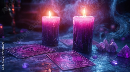 esoteric candles and tarot cards creating a mystical ambiance with purple tones and crystal accents
