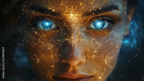 close-up of a woman's face with glowing eyes representing higher intelligence and cosmic energy in a mystical style