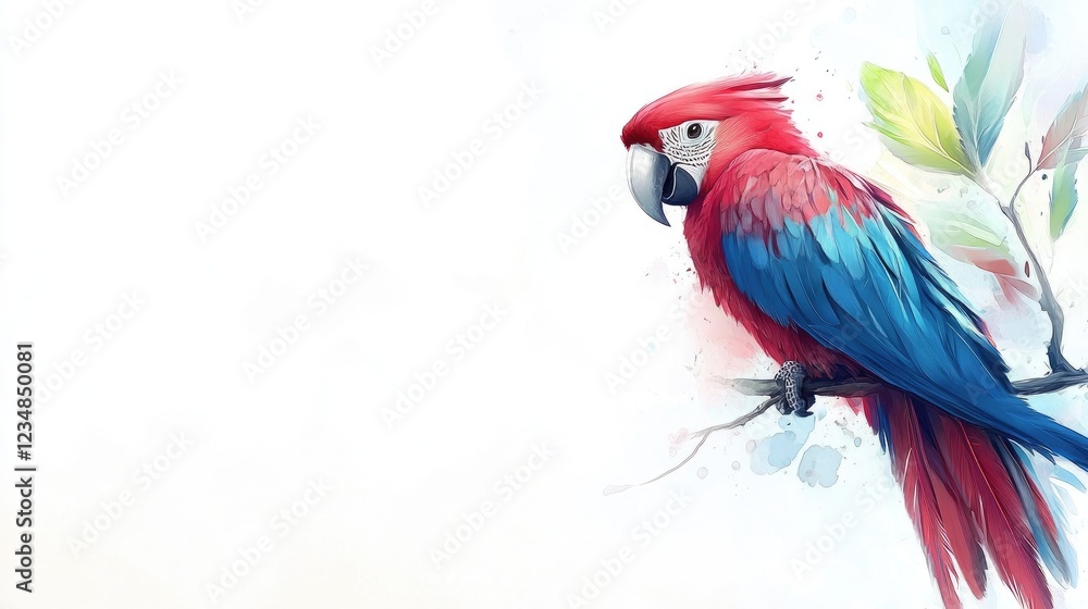 Obraz premium Scarlet Macaw perched on branch, watercolor style, white background, tropical foliage