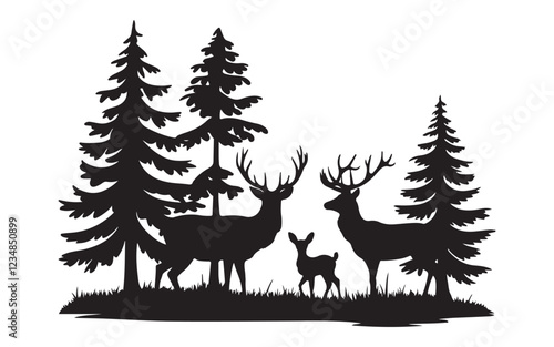 Silhouette Forest Scene with Deer Family and Pine Trees