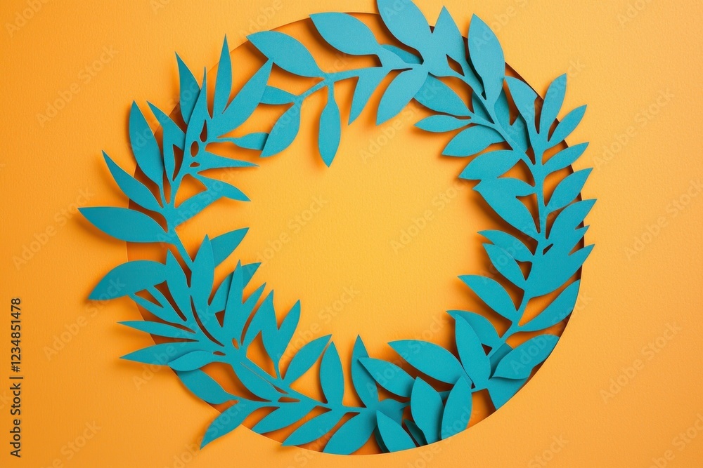 Obraz premium Abstract Blue Paper Leaf Wreath on Orange