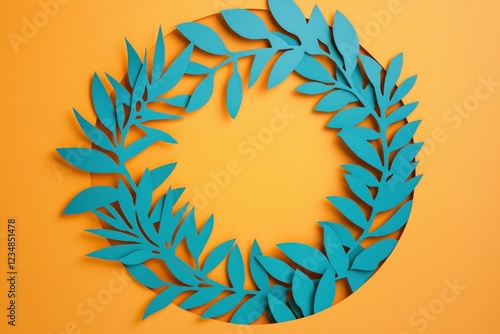 Wallpaper Mural Abstract Blue Paper Leaf Wreath on Orange Torontodigital.ca