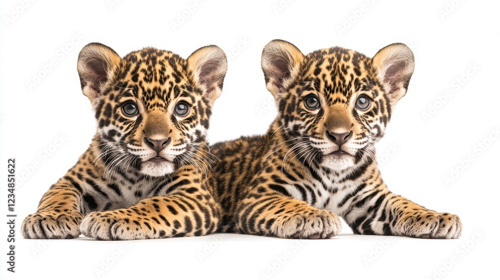 Obraz premium Two Adorable Jaguar Cubs Relaxing on White Background