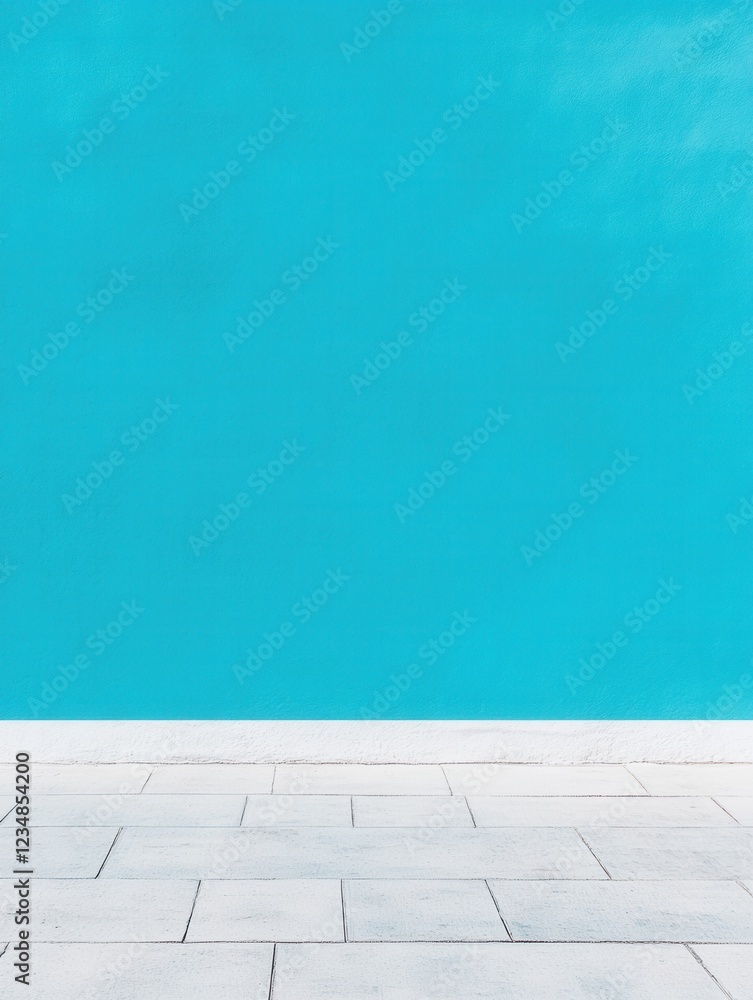 Fototapeta premium Bright turquoise wall meets a clean, white tiled floor.