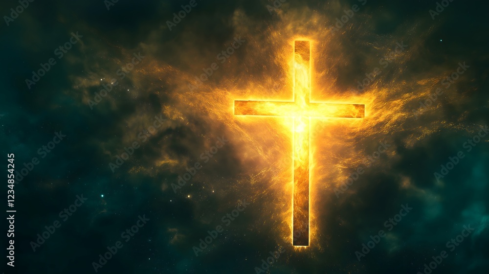 Fototapeta premium Cross engulfed in flames floating in a dark sky. Holy Week concept.