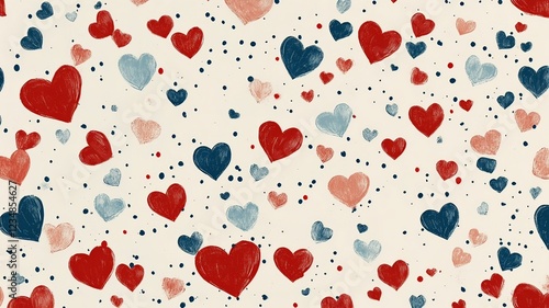 Valentine's Day pattern with cute hearts in various sizes, red and blue shades scattered across an off-white background