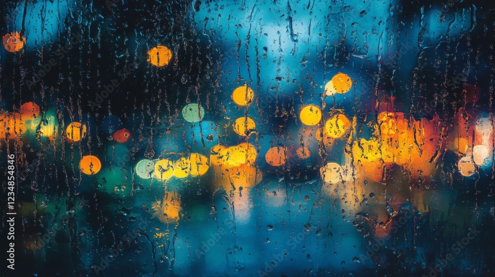 Obraz premium Rainstreaked Window Night City Lights Abstract